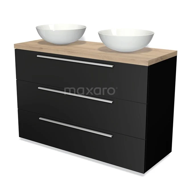 Zwart houten badkamermeubel met dubbele witte waskommen en eikenhouten blad, modern ontwerp voor stijlvolle badkamers.