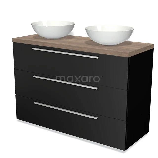Black bathroom unit with wooden worktop, double white basin bowls and modern drawers; stylish and functional design.