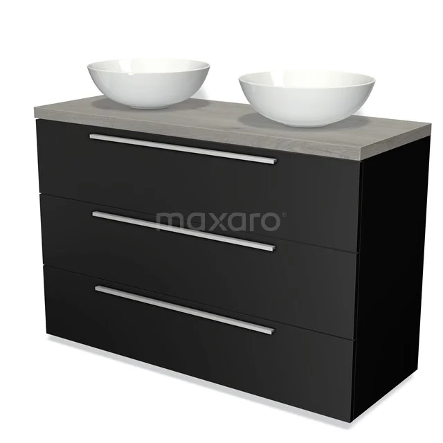 Zwarte badkamermeubelset met dubbele waskommen, betonlook blad en drie lades, modern design voor stijlvolle badkamers.