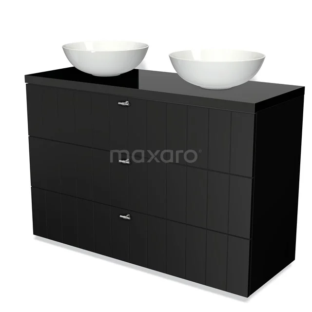 Black high-gloss bathroom unit with two ceramic countertop wash basins and three drawers, modern design for stylish bathroom.