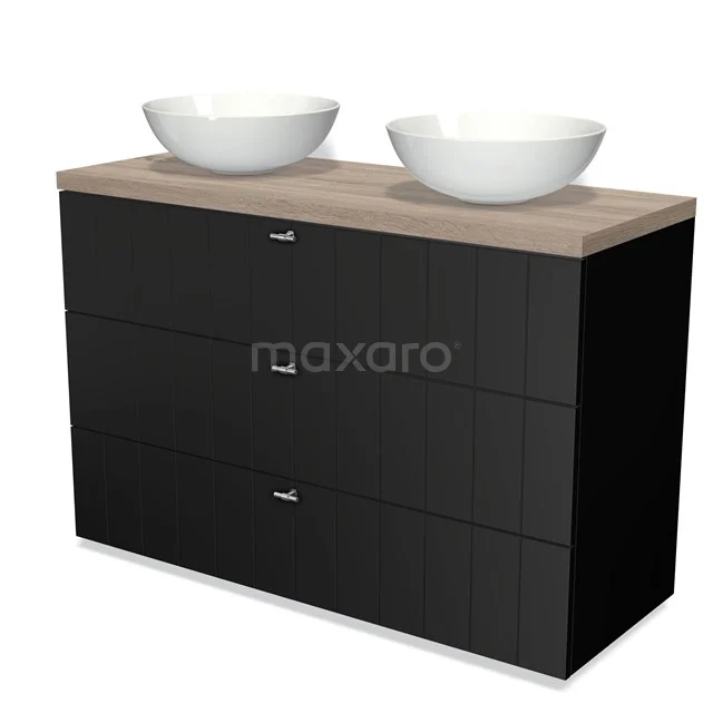 Modulo Plato Badmöbel mit Aufsatzwaschbecken | 120 cm Matt Schwarz Lamelle front Eiche blatt 3 Schubladen BMK19-00917 Schwarzer Badschrank mit Holzlook Platte und zwei weißen Aufsatzwaschbecken, schlichtes Design und geeignet für moderne Bäder.