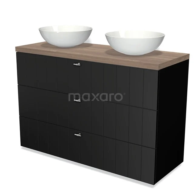 Modern black bathroom unit with wood-look top, including two white top washbasins; stylish and functional design.
