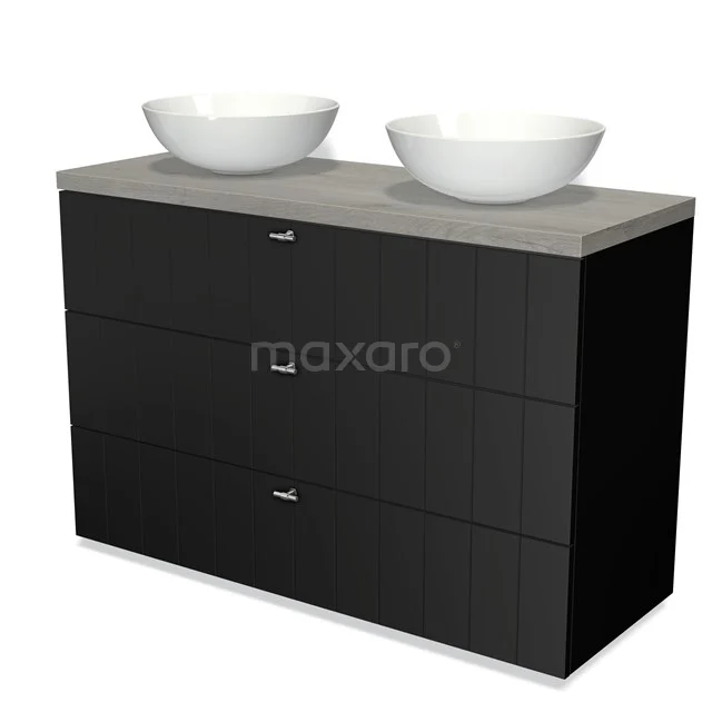 Black bathroom furniture set with double white countertop wash basins, a wooden top and three drawers for modern bathroom storage.