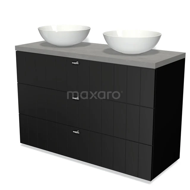 Black modern base cabinet with matt grey top and two round white basins, perfect for stylish bathroom decor.