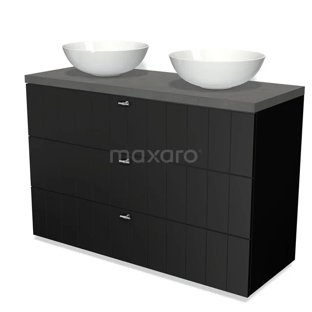 Black double vanity unit with three drawers, white countertop wash basins, modern design, ideal for spacious bathrooms.
