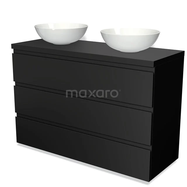 Zwarte wastafelmeubel met dubbele witte waskommen, moderne stijl, perfect voor een stijlvolle badkamer inrichting.