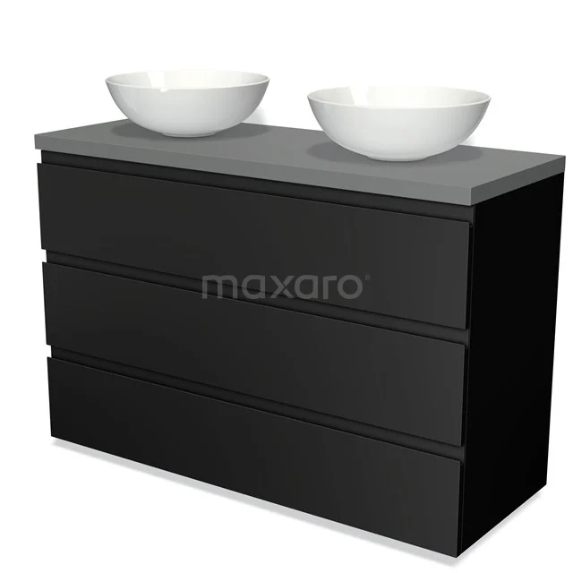Schwarze Badmöbel mit drei Schubladen, Betonlook Platte und doppelten Aufsatzwaschbecken, modernes Design.