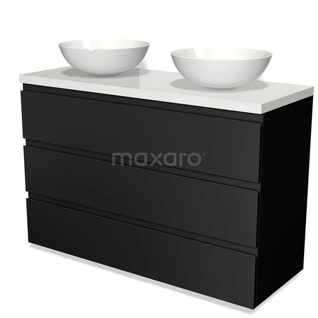 Zwarte badkamerkast met drie lades, dubbele witte waskommen en een glad wit werkblad van keramiek voor een moderne badkamer.