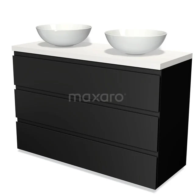 Zwarte dubbele wastafelmeubel met witte kommen, strak design en glanzend afwerking, ideaal voor een moderne badkamer.