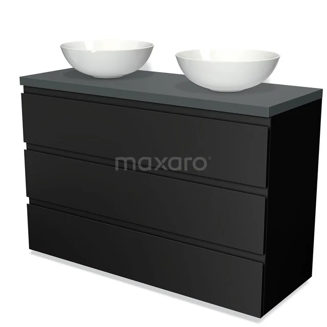 Schwarz Badmöbel mit doppeltem Aufsatzwaschbecken, schickem Design, Glasplatte und drei Schubladen für stilvolle Badezimmerlagerung.