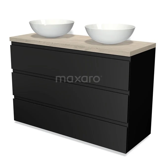 Zwarte badkamermeubelset met houtkleurig blad en twee ronde witte waskommen, ideaal voor een moderne badkamerstijl.
