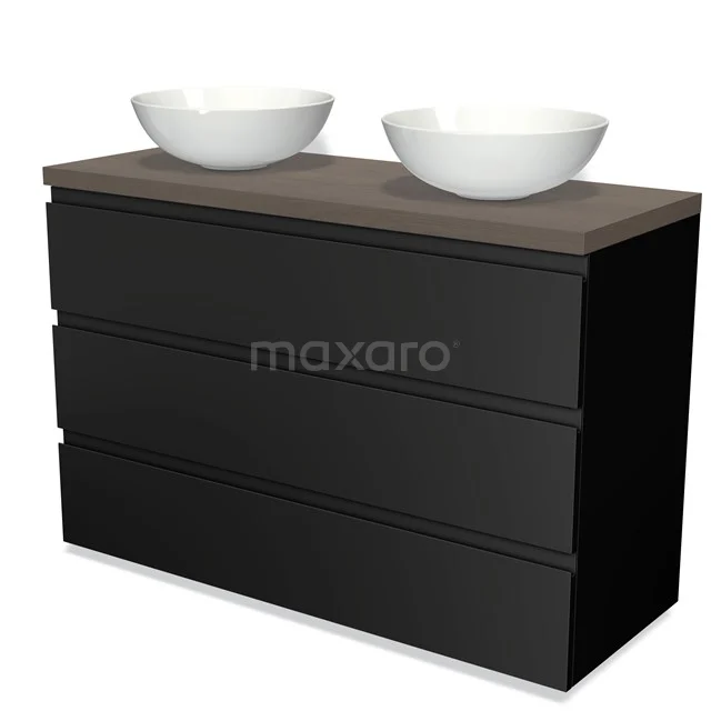 Schwarz Doppel-Badmöbel mit Holzlook Platte und zwei weißen Aufsatzwaschbecken, modernes Design.