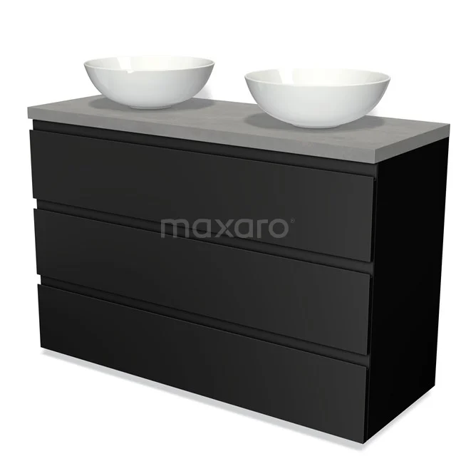 Zwart houten badkamermeubel met dubbele witte waskommen en betongrijs blad, modern design.