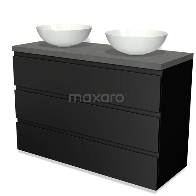 Schwarzes Badmöbel mit Doppelwaschbecken, keramischen Schalen und einer matten Anthrazit Platte, modernes Design.