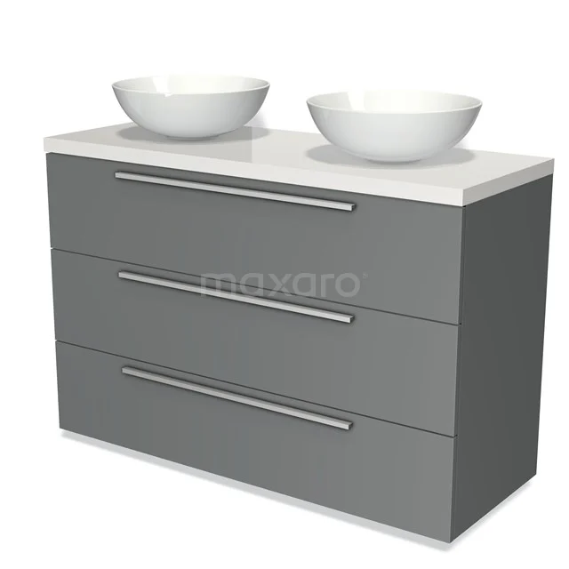 Grijze badkamermeubelset met drie lades, wit composiet blad en dubbele ronde waskommen, strak en modern design.