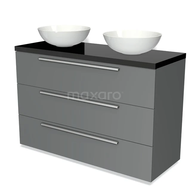 Grijze badkamermeubelset met zwart blad en twee witte waskommen, modern design en ruime opberglades.