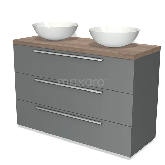 Badmöbel für Aufsatzwaschbecken 120cm Modulo Plato Mittelgrau 3 Schubladen Flach Mittelbraune Eiche Platte BMK19-00948 Grau Badmöbel mit Holzlook Platte, doppelte weiße komförmige Waschbecken und drei breite Schubladen für Badezimmerlagerung.