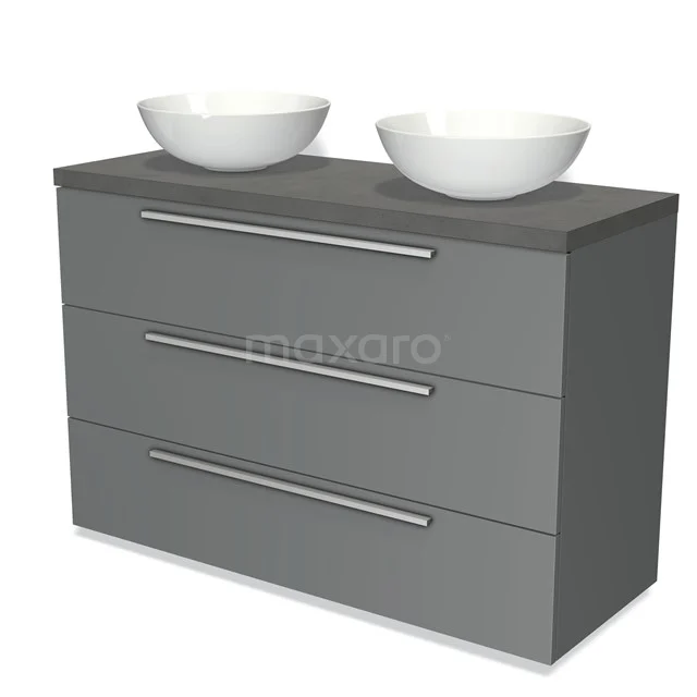 Grijze badkamermeubelset met dubbele waskom, drie lades en metalen grepen, strak design voor moderne badkamers.