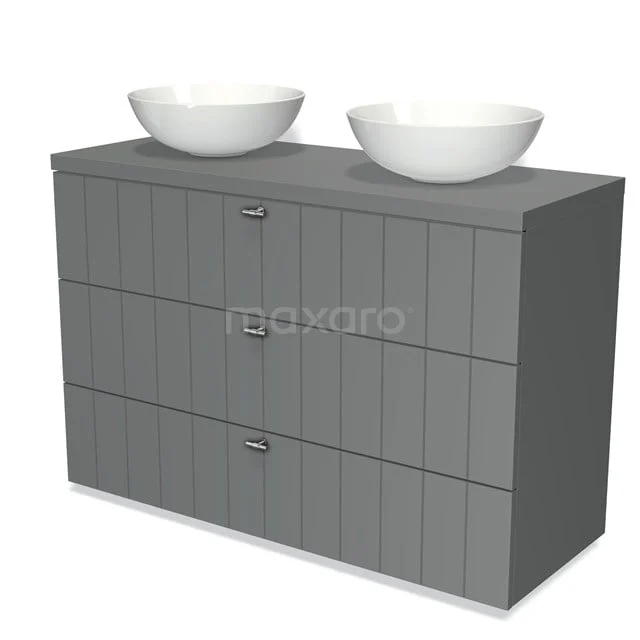 Graue Badmöbelset mit doppelten Aufsatzwaschbecken, vertikalen Linien auf den Schubladen und einem modernen, klaren Finish.