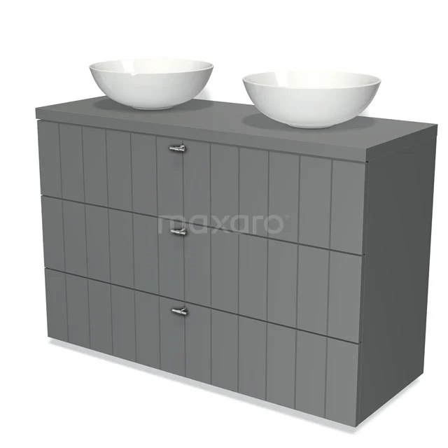 Graue Badmöbelset mit doppelten Aufsatzwaschbecken, vertikalen Linien auf den Schubladen und einem modernen, klaren Finish.