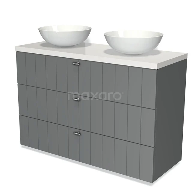 Grijze badmeubelset met dubbele witte waskommen, verticale lijnen, en drie lades; ideaal voor een moderne badkamer.