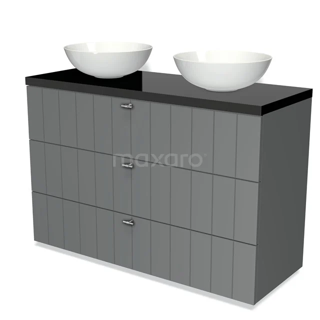 Badmöbel für Waschtischunterschrank mit Konsole 120cm Modulo Plato Mittelgrau 3 Schubladen Lamellen Hochglanz Schwarz Platte BMK19-00958 Graue Badmöbelset mit schwarzer Platte und doppelten weißen Aufsatzwaschbecken, modernes Design mit vertikalen Linien auf den Fronten.