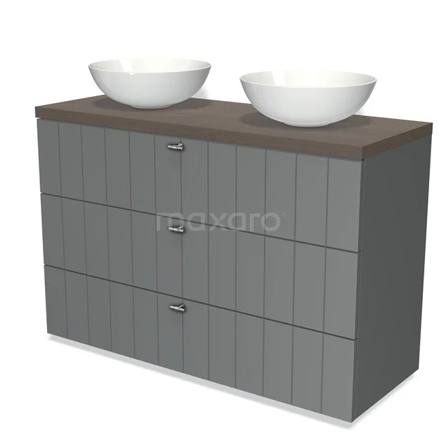 Modulo Plato Vanity units for countertop basin | 120 cm Mid grey Slat front Dark brown oak worktop 3 drawers BMK19-00963