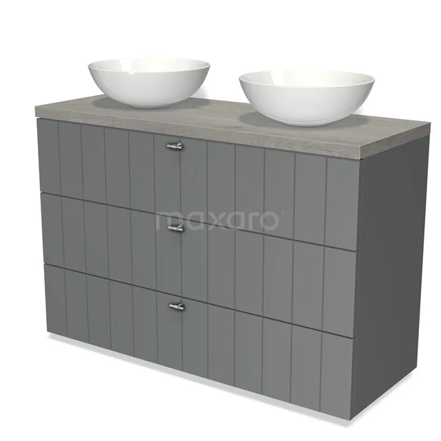 Grijze badkamerkast met houtstructuur, dubbele ronde wastafel en drie lades. Perfect voor moderne badkameropslag.