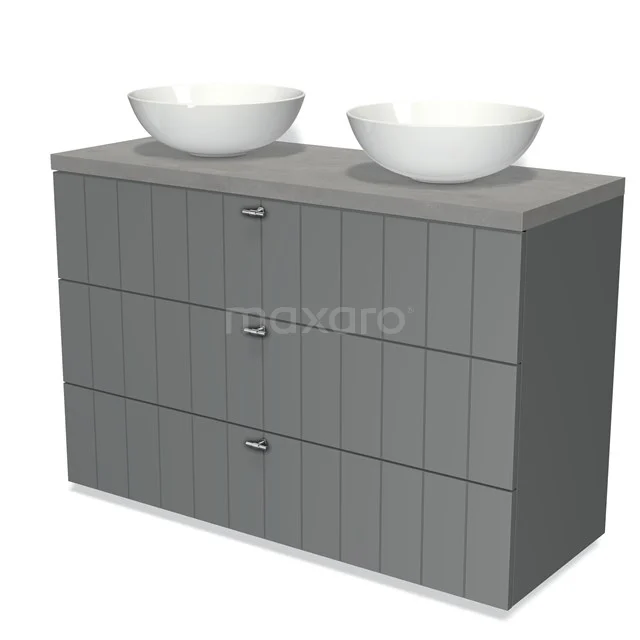 Grijze badkamermeubelset met dubbele opzetwastafel, modern ribbelpatroon op lades, geschikt voor stijlvolle badkamerinrichting.