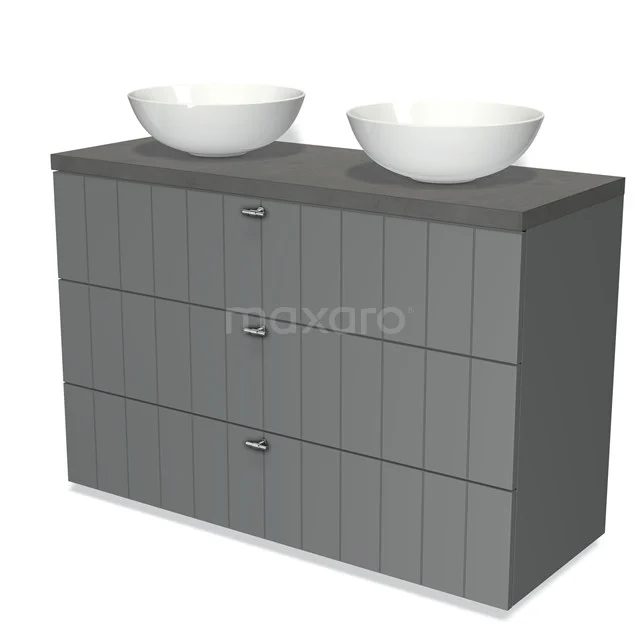 Grijze badkamerkast met houtnerf, dubbele witte waskommen, drie lades en modern design; ideaal voor badkameropslag.