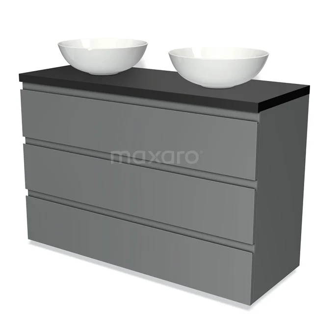 Grijze badkamermeubelset met zwarte bovenblad en twee witte waskommen, modern design.