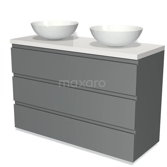 Grijze badkamermeubelset met dubbele witte waskommen, strak design en softclose lades, ideaal voor moderne badkamers.
