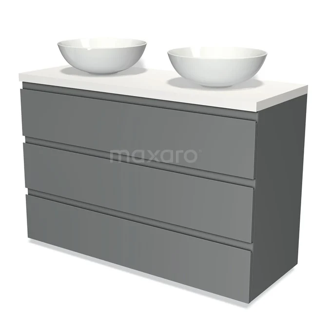 Modulo Plato Badmöbel mit Aufsatzwaschbecken | 120 cm Mittelgrau Grifflos front Matt Weiß blatt 3 Schubladen BMK19-00970 Graue Badmöbelset mit doppelten runden Aufsatzwaschbecken, schlichten Schubladen und weißer Oberfläche, ideal für einen modernen Badezimmerstil.