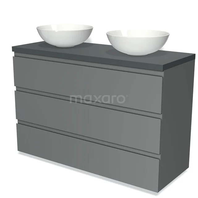 Grijze badkamermeubelset met dubbele witte wastafelkommen, strak design, ideaal voor moderne badkamers.