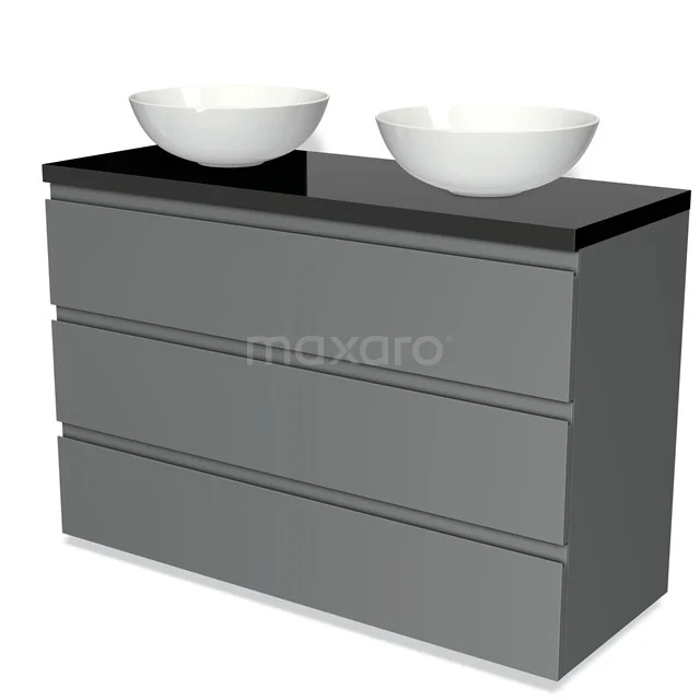 Grijs badkamermeubel met zwarte bovenblad en twee ronde witte wastafels, stijlvol en ideaal voor een moderne badkamer.