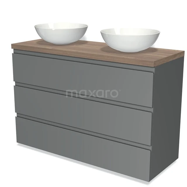 Graue Badmöbelset mit Holzlook Platte und doppeltem weißen Aufsatzwaschbecken, modernes Design und praktische Schubladen.