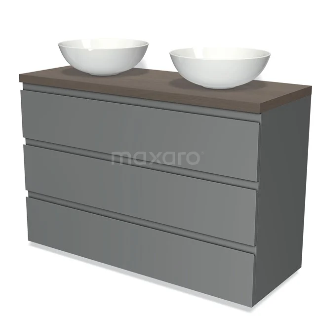 Graue Badmöbelset mit Holzplatte und doppelten weißen Aufsatzwaschbecken, modernes Design für ein stilvolles Badezimmer.