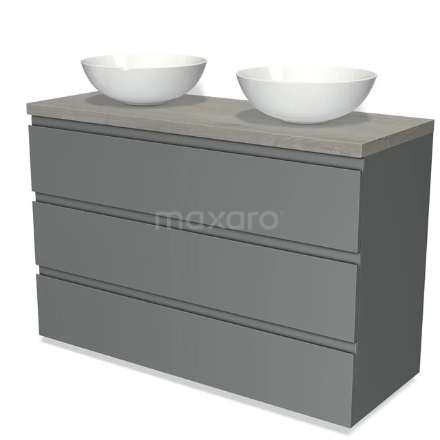 Grijs wastafelmeubel met dubbele keramische waskommen, strak design en drie brede lades, perfect voor moderne badkamers.