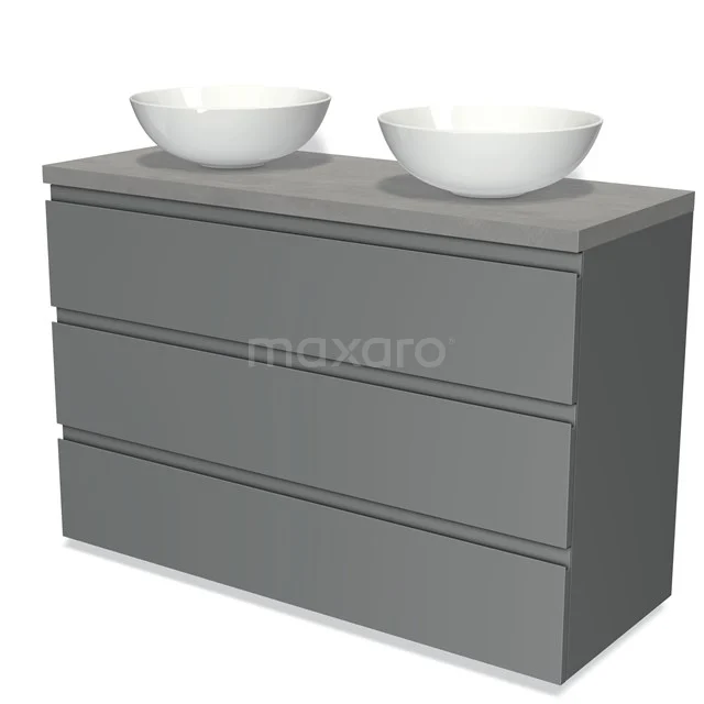 Grijze badkamermeubelset met drie lades en dubbele witte waskommen, modern design en strak afwerking.