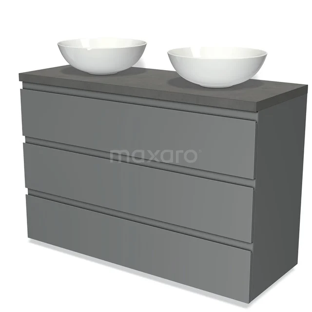 Grijze badkamermeubelset met twee witte opzetwastafels, strak design, geschikt voor moderne badkamers.