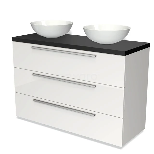 Badmöbel für Aufsatzwaschbecken 120cm Modulo Plato Hochglanz Weiß 3 Schubladen Flach Matt Schwarz Platte BMK19-00981 Weiße Badmöbel mit schwarzer Platte, doppelten komformigen Waschbecken und drei Schubladen mit metallischen Haltegriffen.