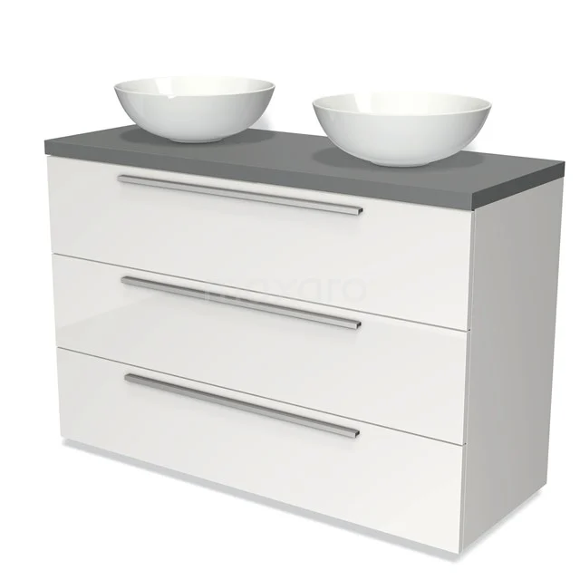 Wit badkamermeubel met drie lades, grijs blad en dubbele komvormige wastafel, modern design.
