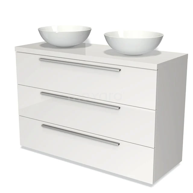 Badmöbel für Aufsatzwaschbecken 120cm Modulo Plato Hochglanz Weiß 3 Schubladen Flach BMK19-00983 Weißer Badschrank mit Hochglanzoberfläche, Doppelwaschbecken und metallischen Haltegriffen, ideal für moderne Bäder.