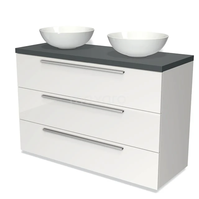 White bathroom cabinet with three drawers, black top and two modern white countertop wash basins, ideal for stylish bathroom spaces.