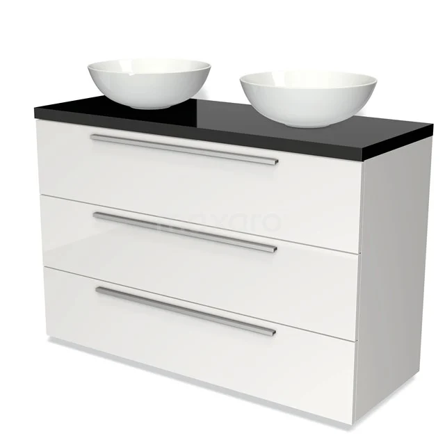 Weißes Badezimmermöbel mit drei Schubladen, schwarzer Glaswaschtischplatte und doppelten runden Aufsatzwaschbecken, modernes Design.