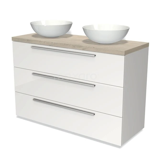 Weißes Badezimmermöbel mit Holzplatte, doppelten Aufsatzwaschbecken und drei breiten Schubladen, modernes Design, ideal für stilvolles Badezimmer.