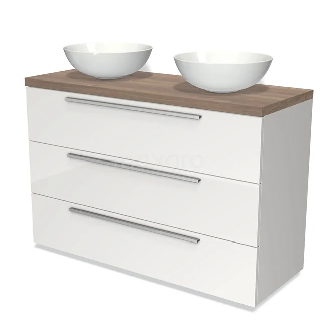 Wit badkamermeubel met houtlook blad, dubbele waskommen en drie ruime lades; modern design voor stijlvolle badkamers.
