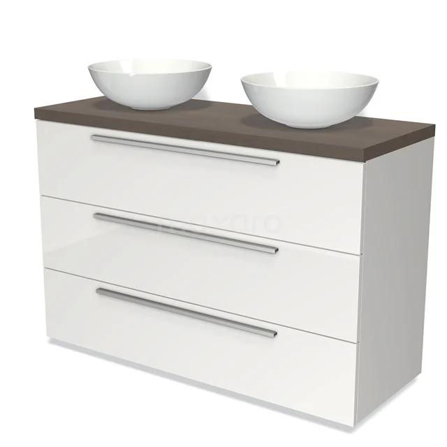 Modulo Plato Vanity units for countertop basin | 120 cm High-gloss white Flat front Dark brown oak worktop 3 drawers BMK19-00991