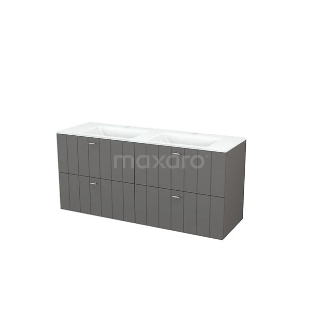 Modulo+ Bathroom furniture with sink | 140 cm Basalt Slat front Glass 4 drawers BMP004156 Modern grey bathroom furniture set with double basin and ribbed pattern, contemporary design in durable materials.