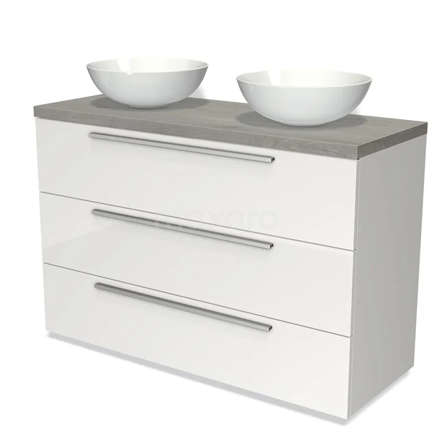 Witte badkamermeubelset met drie lades, dubbele waskommen en grijs houten blad, modern design voor een stijlvolle badkamer.